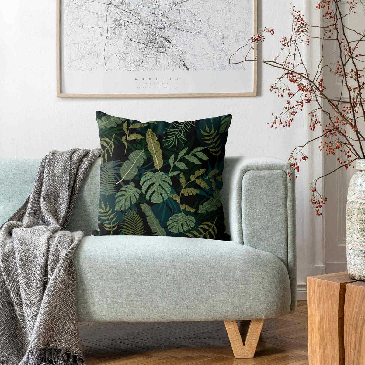 DEKOKISSEN Dschungel Blätter auf Schwarz 50/50 cm - Grün, Textil (50/50/10cm) - Bilderwelten