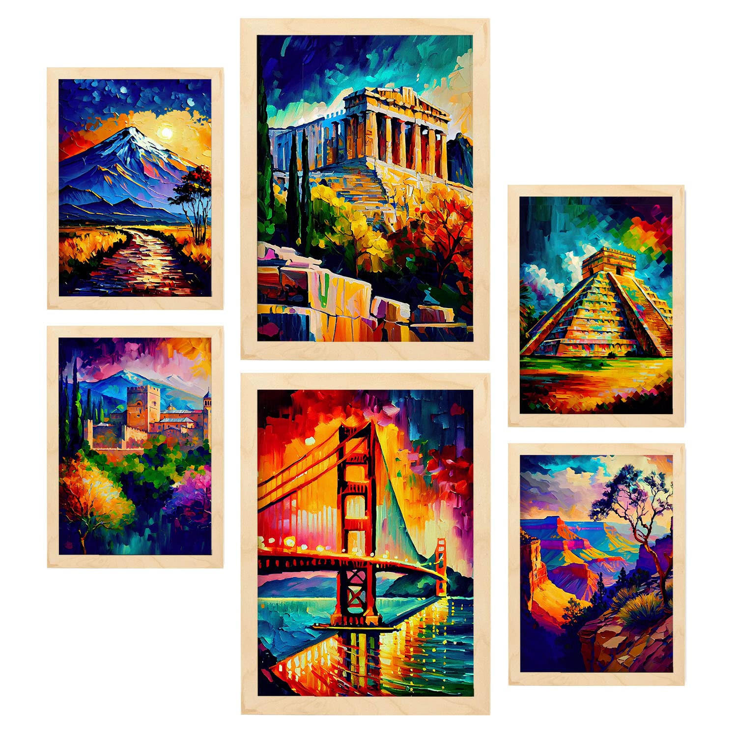 POSTER Set Mit 6 Ästhetisch Im Ölgemälde Stil A3 & A4 Rahmen Aus Hellem Holz - Beige, Papier (29/3cm) - Nacnic