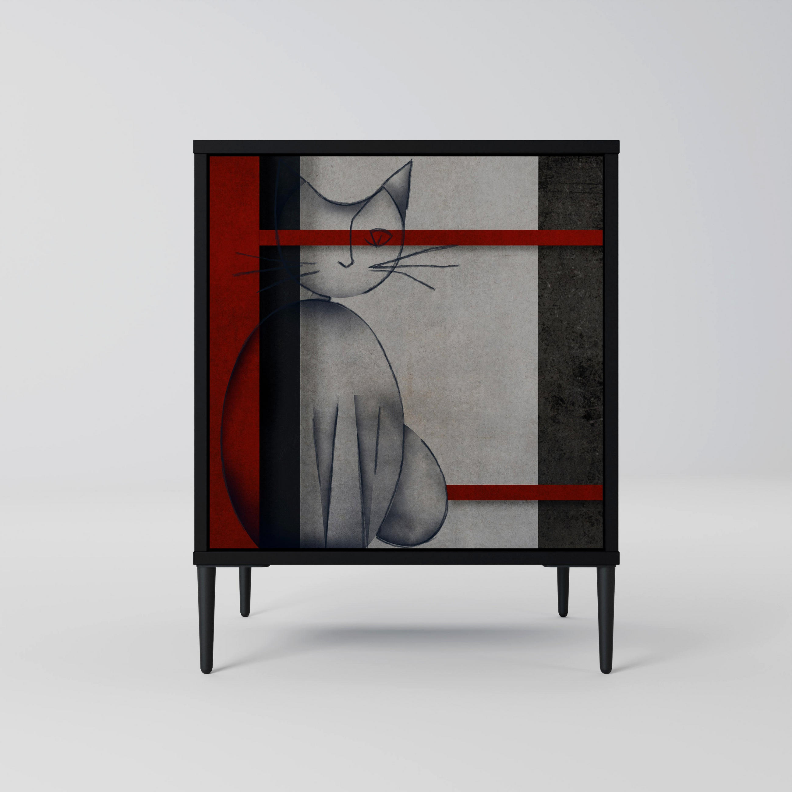SIDEBOARD GRAY FIGURES, Schwarz, 57,5x42x72,5 cm, Schwarze Metallfüße - Multicolor/Schwarz, Holzwerkstoff/Metall (57.5/72.5/42cm) - SpaceRebels