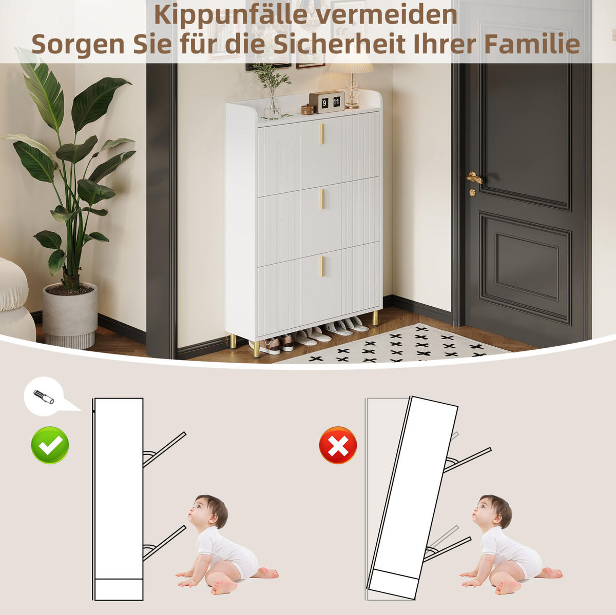 SKRINKA na topánky 23/80/123,5 cm biela s 3 výklopnými priehradkami a nastaviteľnými policami z MDF - biela, kompozitné drevo (80/123.5/23.5cm) - OKWISH
