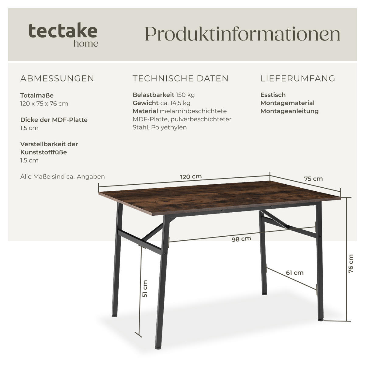 ESSTISCH Swansea,120 x 75 x 76 cm,Industrial Holz dunkel, rustikal - Rostfarben, Holz (120/75/76cm) - tectake