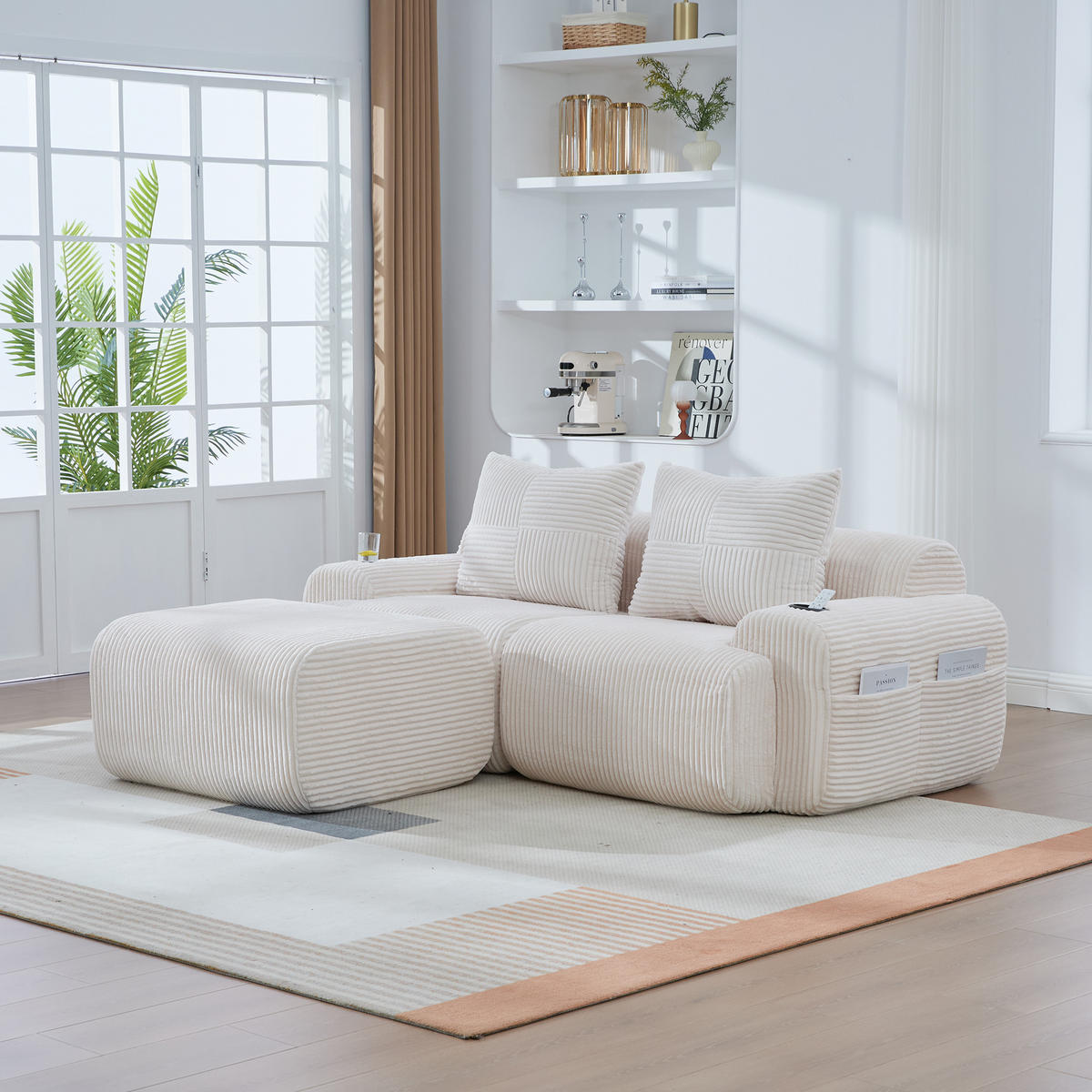 MODULARES 2-Sitzer Sofa Cord mit Getränkehalter und Seitentasche 200/174/80 cm Beige - Beige, Textil (174/200cm) - Redom