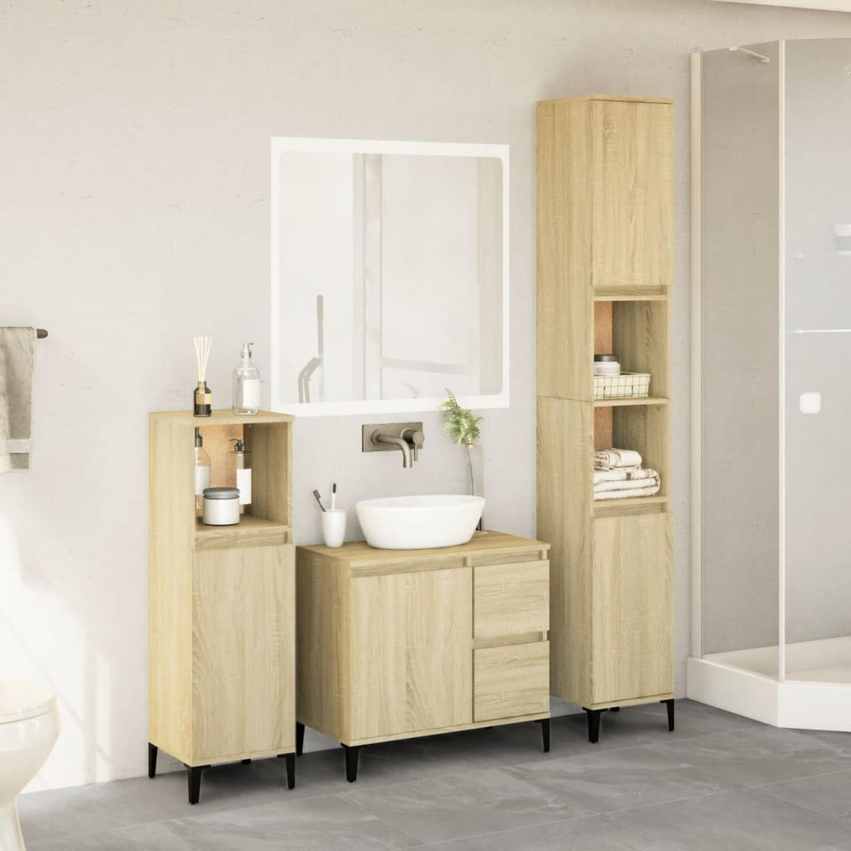 BADMÖBEL-SET 3-TLG. Sonoma-Eiche Holzwerkstoff - Braun, Holzwerkstoff (30/190/30cm) - vidaXL