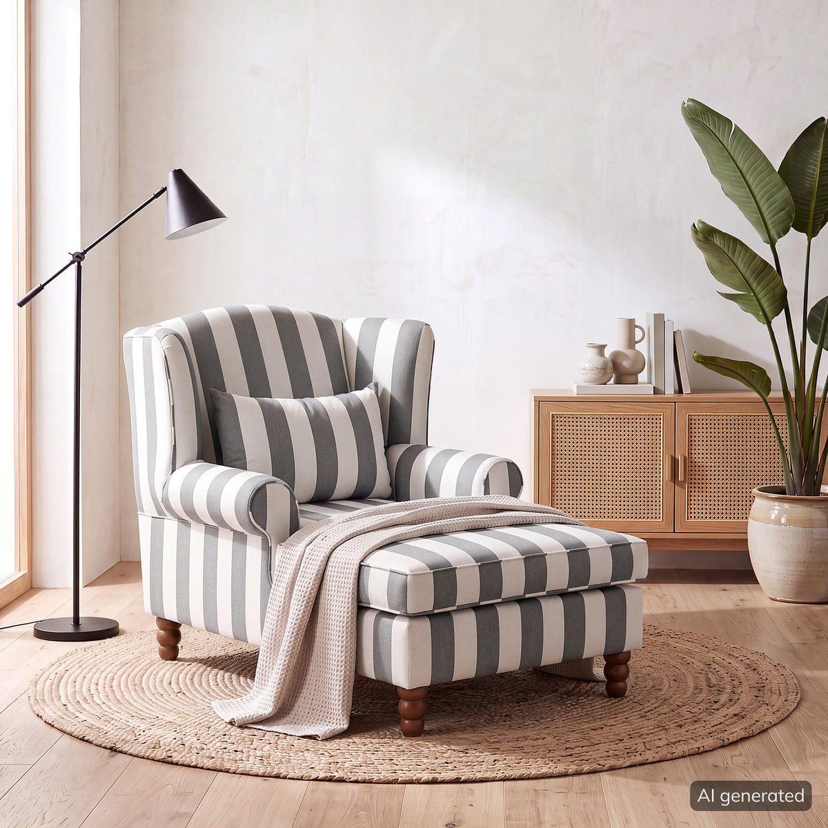 OHRENSESSEL - Webstoff - Weiß/Grau, Holz/Textil (94/95/134cm) - home24