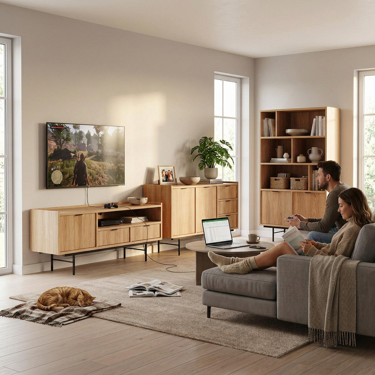 WOHNWAND Evron Kommode 150 cm TV-Board 150 cm Bücherregal 90 cm, Hikora Eiche - Eichefarben/Schwarz, Holzwerkstoff/Metall (150/90/40cm) - Beautysofa