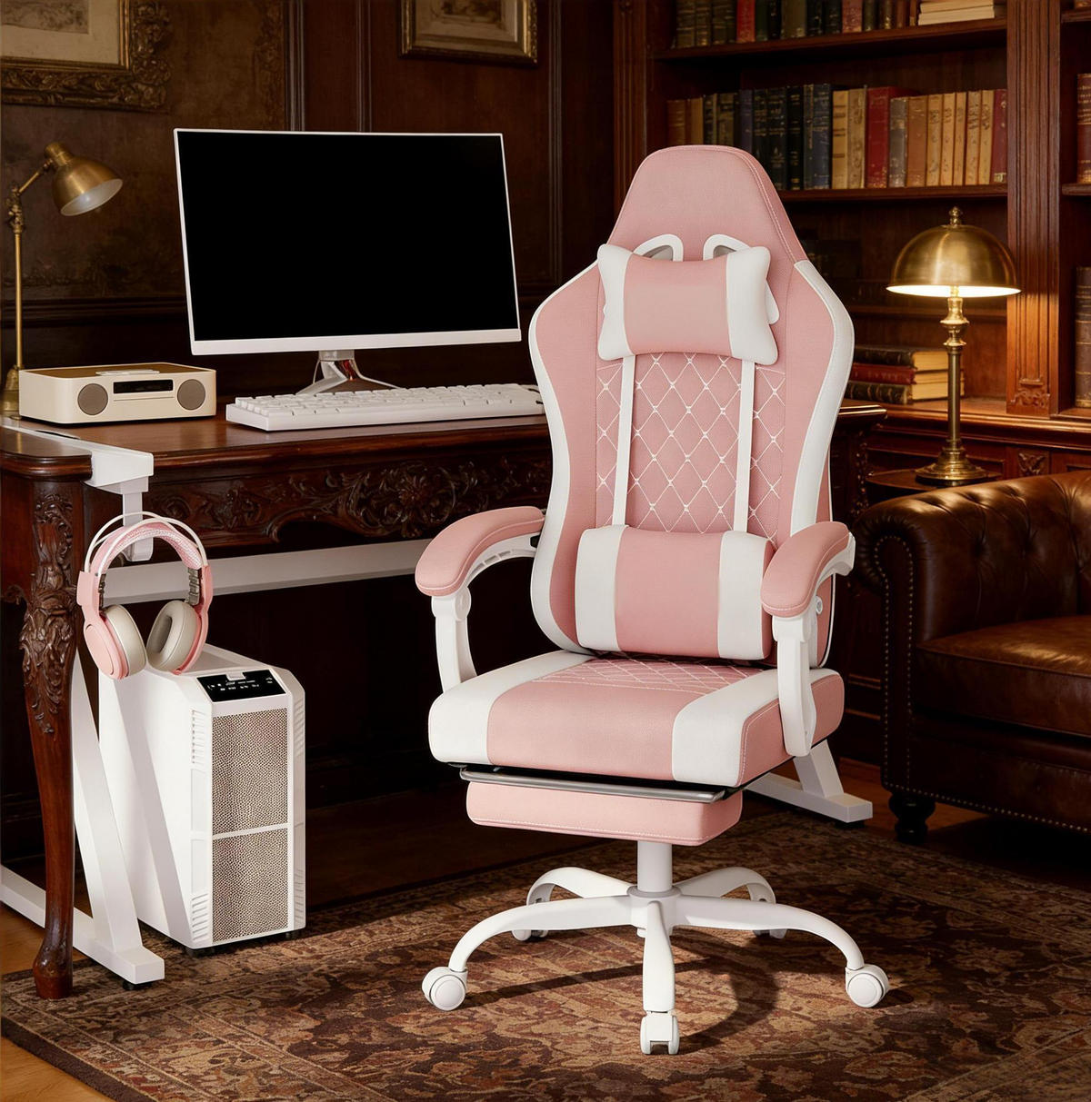 BÜROSTUHL mit Massagefunktion höhenverstellbar Mesh-Stoff Pink Weiß - Pink, Metall (70/127/70cm) - Meubliv