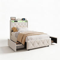 POLSTERBETT, LED-Beleuchtung Einzelbett 90x200cm mit Ladefunktion und 2 Schubladen, Samt, beige - Beige, Holz/Holzwerkstoff (90/200cm) - GENKI LIVING