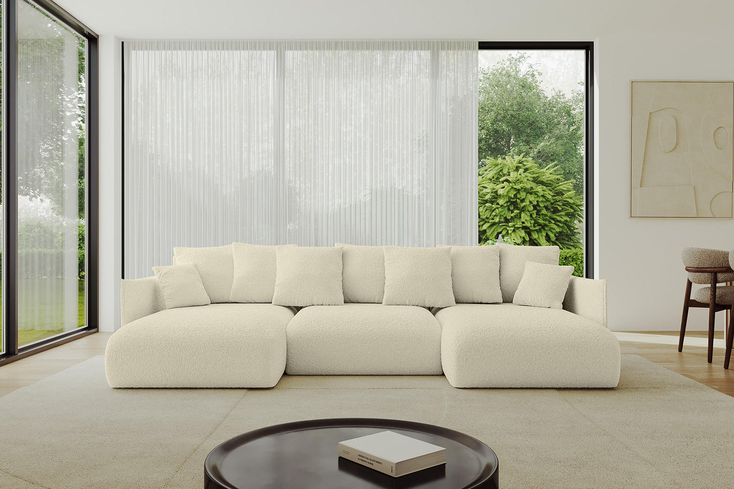 WOHNLANDSCHAFT mit Schlaffunktion und Bettkasten ONESK-U 317x177x72 Beige Bouclé - Creme, Holzwerkstoff/Kunststoff (317/72/177cm) - ALTDECOR