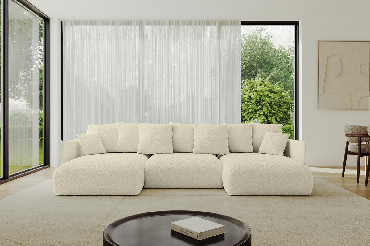 WOHNLANDSCHAFT mit Schlaffunktion und Bettkasten ONESK-U 317x177x72 Beige Bouclé - Creme, Holzwerkstoff/Kunststoff (317/72/177cm) - ALTDECOR
