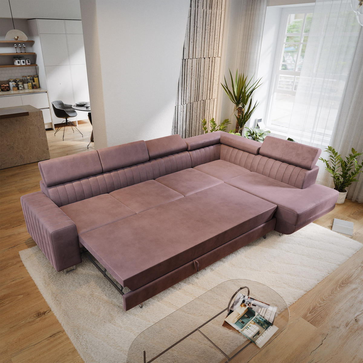 ECKSOFA HESTION Lila Velours-Stoff mit Schlaffunktion - Lila, Holz (332/190cm) - MASSENO