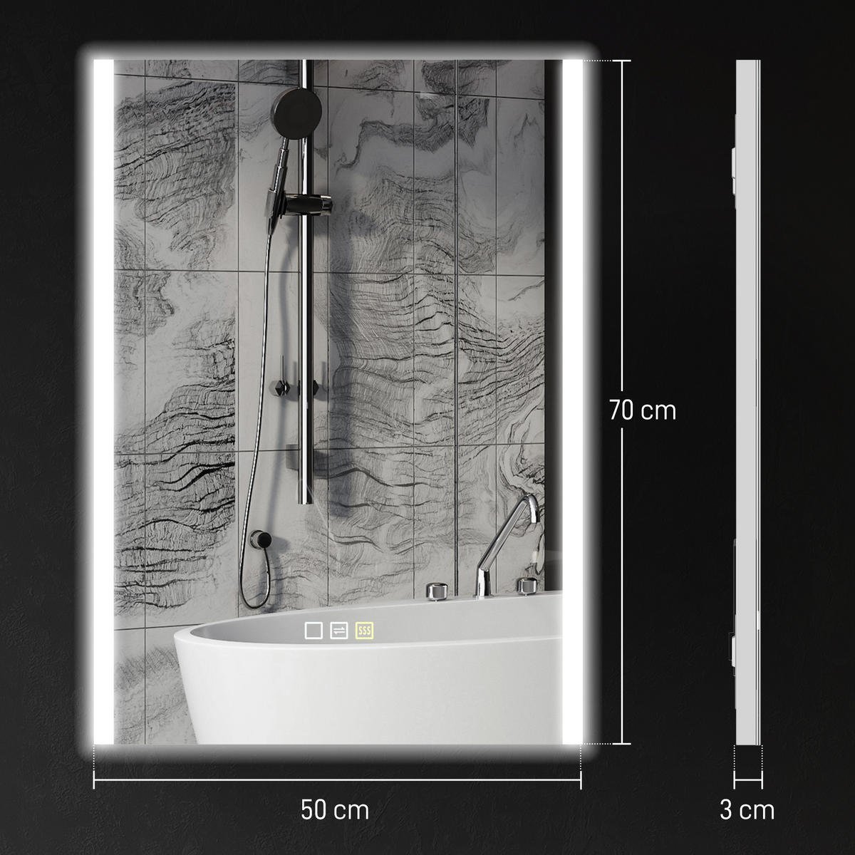 BADSPIEGEL mit 3-farbiger LED-Beleuchtung und Memory-Funktion, 70 x 50 x 3 cm ,Silber - Silberfarben, Glas (70/50/3cm) - Vallsero