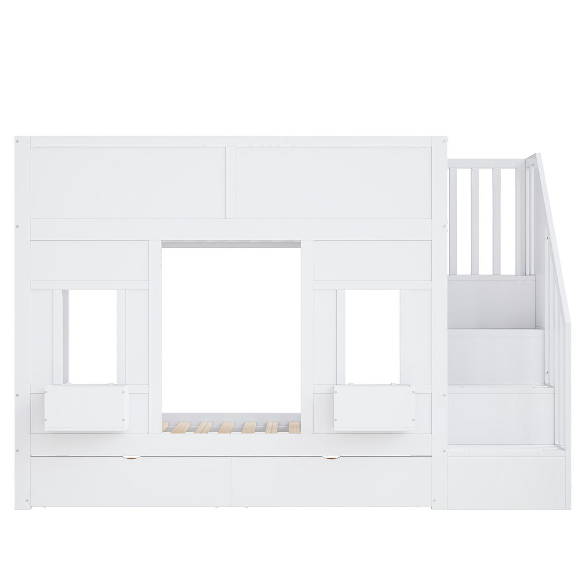 HOCHBETT 90/200 cm mit Stauraumtreppe, 2 Schubladen, Fenstern und Schutzgitter, Weiß - Weiß, Holzwerkstoff (90/200cm) - Redom