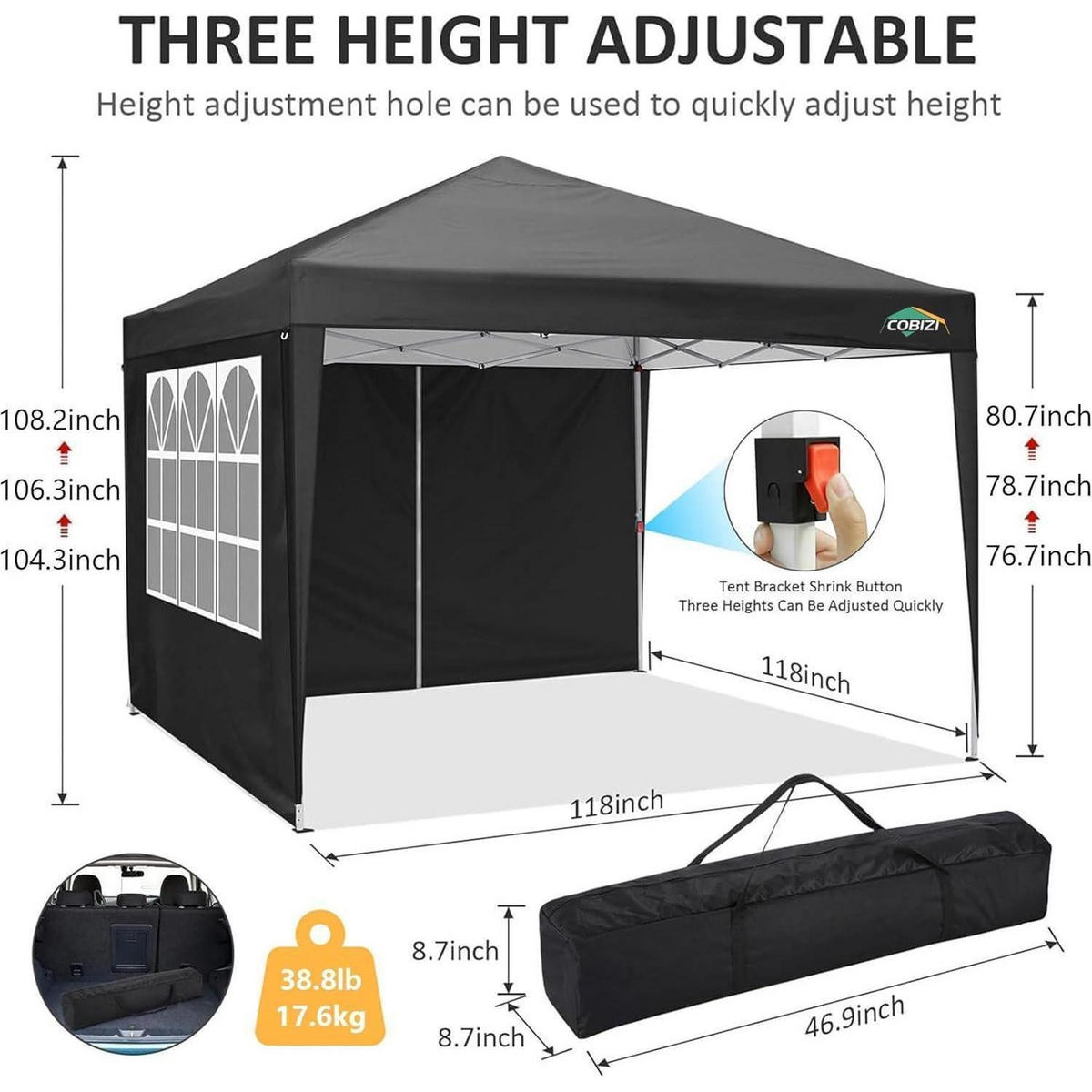 PAVILLON 3x3m Schwarz Wasserdicht mit 4 Seitenteilen - Schwarz, Textil (300/205/300cm)