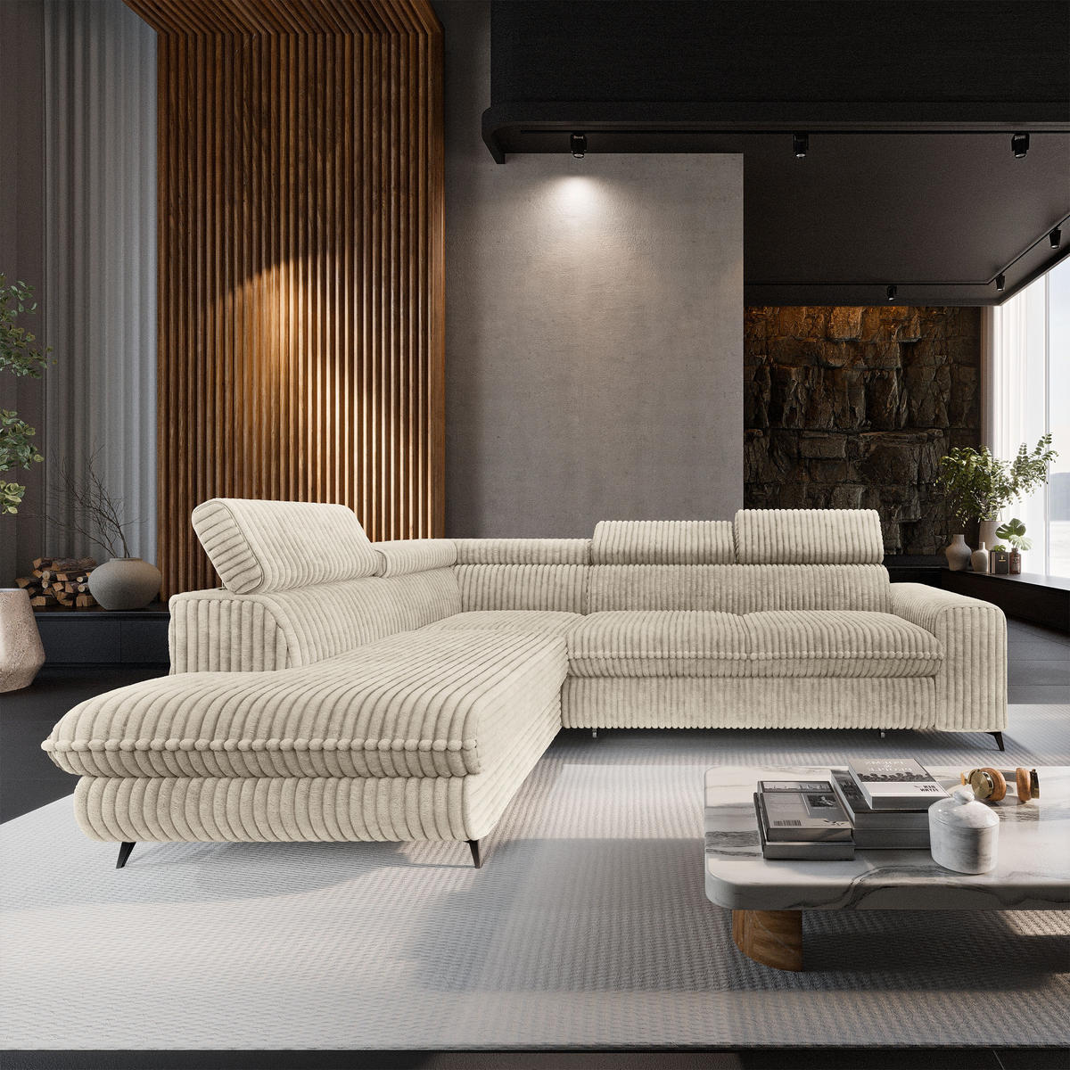 ECKSOFA VELISS Creme Kordstoff mit Schlaffunktion - Creme, Holz (255/193cm) - MASSENO