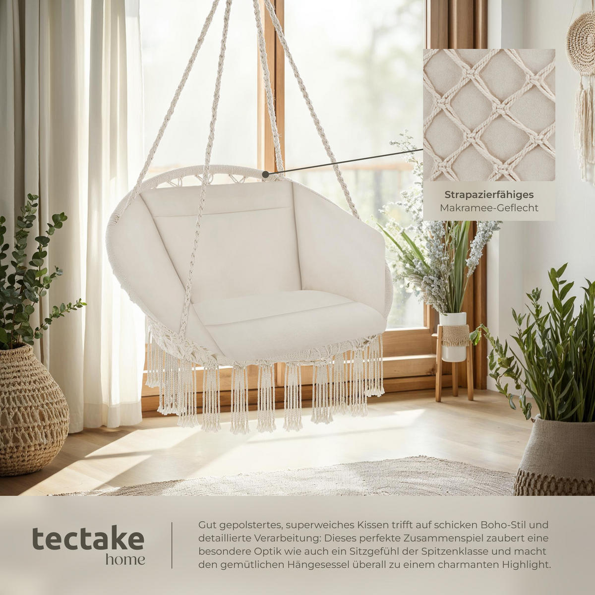 HÄNGESESSEL Grazia,80 x 72 x 125 cm,beige - Beige, Kunststoff/Metall (80/125/72cm) - tectake