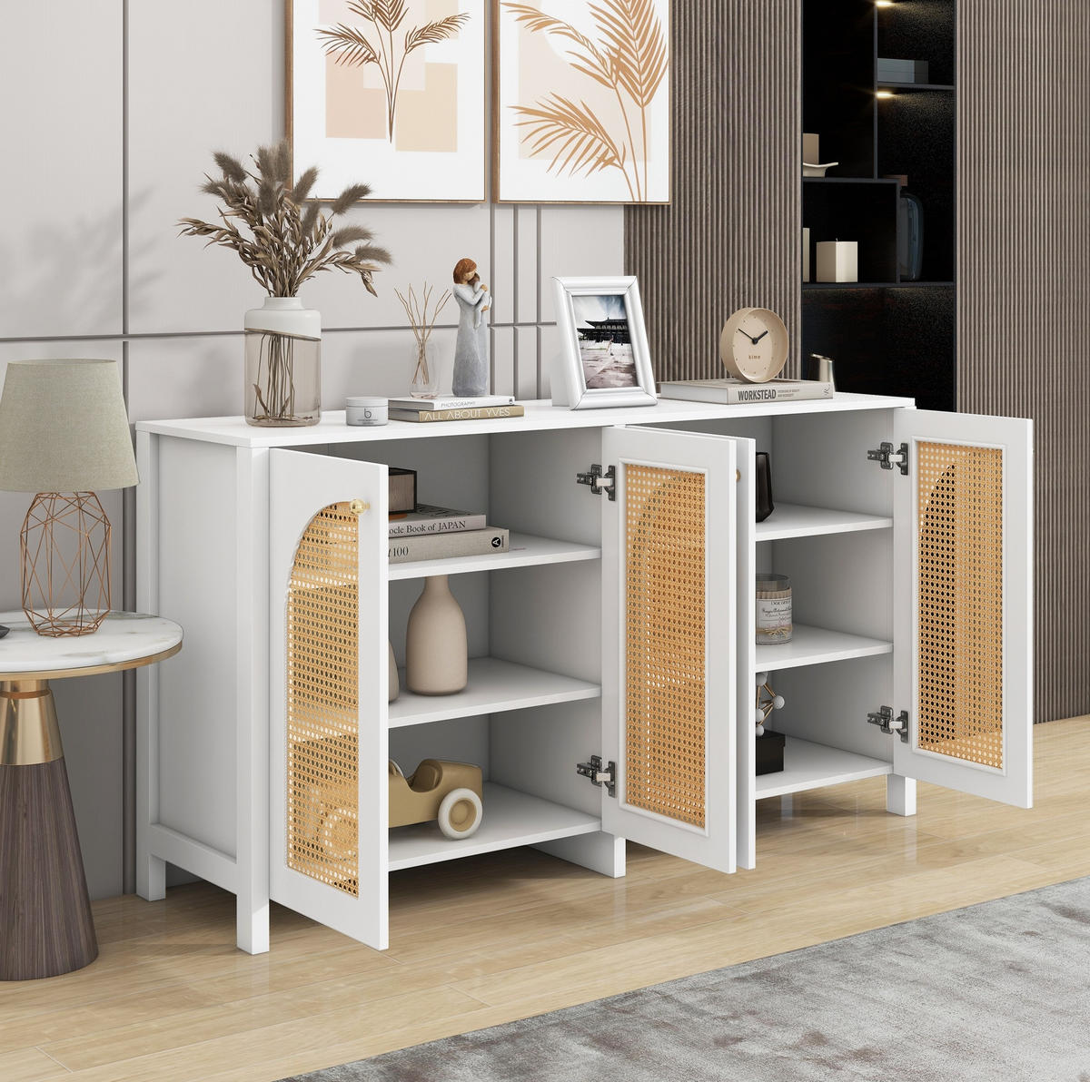 SIDEBOARD aus MDF 145x80x40 cm Weiß mit 4 Türen, Kunst-Rattan und verstellbarem Einlegeboden - Weiß, Holzwerkstoff (145/40/80cm) - Modfu