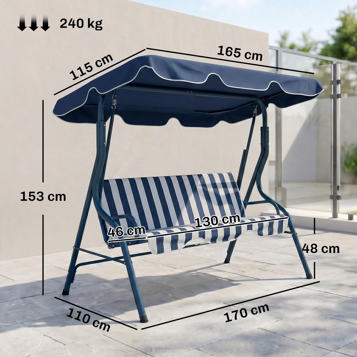 OUTDOOR-SCHAUKEL, verstellbar Stahlrahmen Sonnendach, blau - Blau, Metall (52.5/14.5/138.5cm) - Vallsero