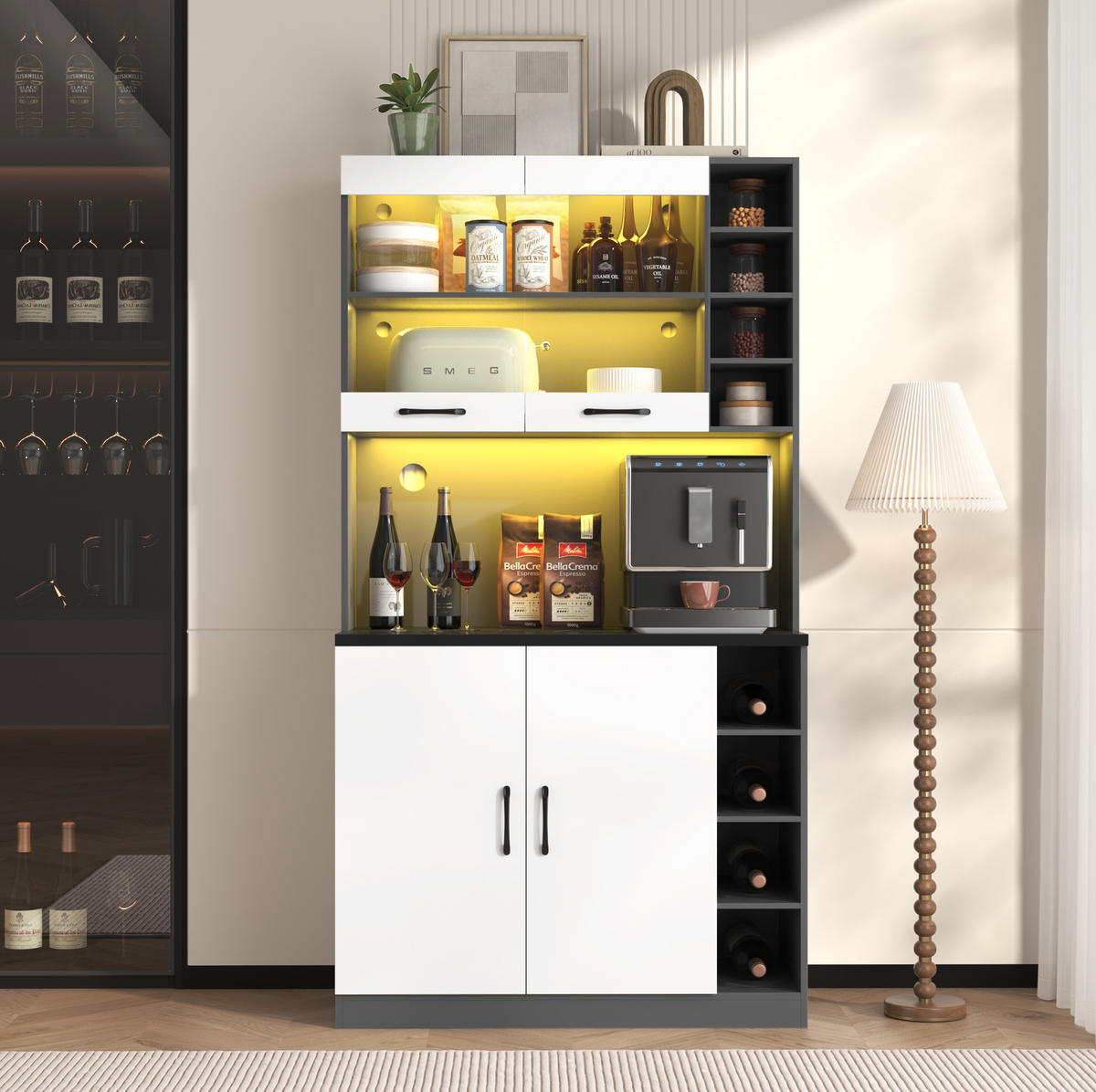 BUFFET 100/47/187 cm in Grau/Weiß mit LED-Beleuchtung und verstellbaren Fächern - Weiß, Holzwerkstoff (100/187/47cm) - Flora Grace