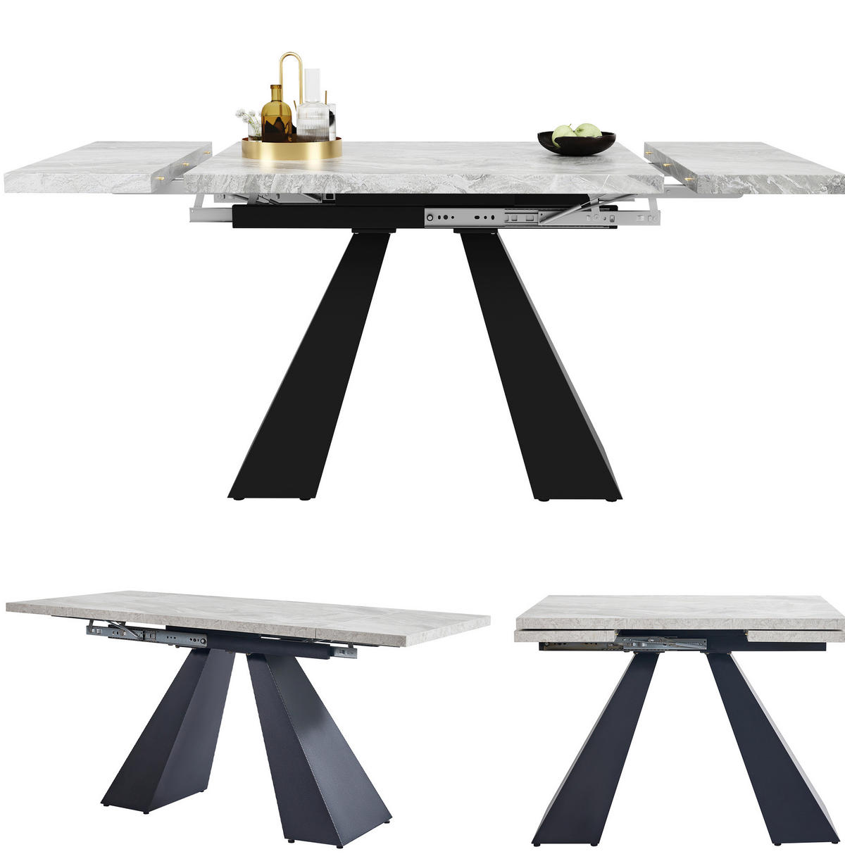 AUSZIEHBARER Esstisch MDF in Marmoroptik, 99–159/74/77 cm, Grau, mit Metallschienen & Metallgestell - Grau, Holzwerkstoff (159/74/77cm) - Redom