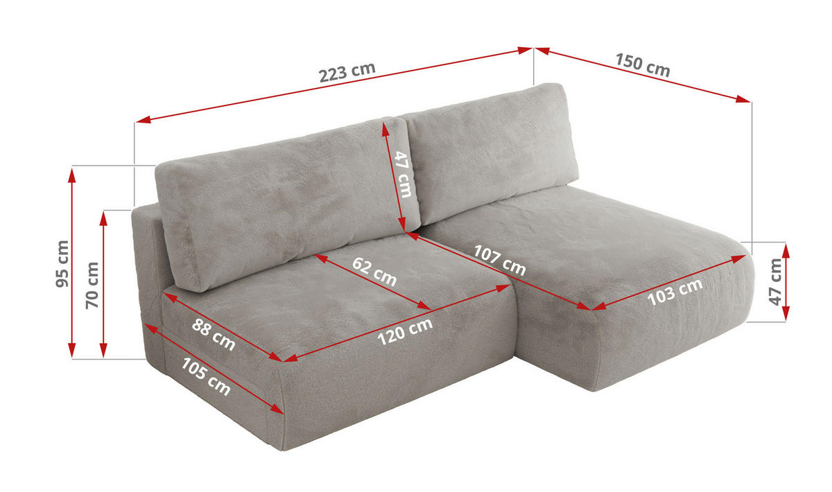 ECKSCHLAFSOFA VIVO L Hellgrau Plüsch - links - Hellgrau/Schwarz, Kunststoff/Textil (223/150cm) - MKS