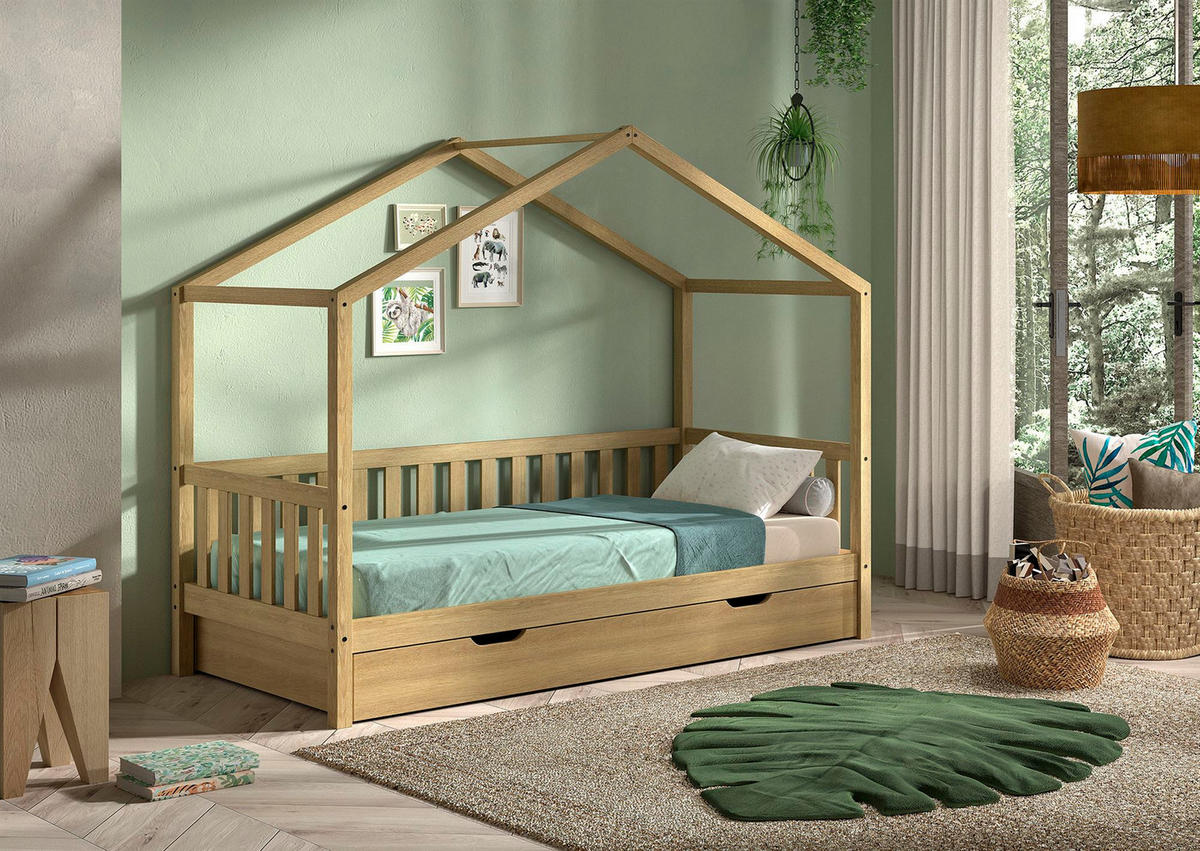 HAUSBETT Kapua Eiche massiv Natur Dachaufbau 90x200 - Eichefarben, Holz (90/200cm) - 58aufmkessel