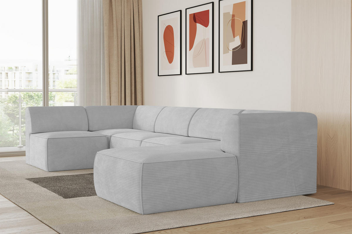 WOHNLANDSCHAFT Ottomane Rechts MOVO-L 345x180x78 cm Grau Cord - Grau, Holzwerkstoff/Kunststoff (180/78/345cm) - ALTDECOR