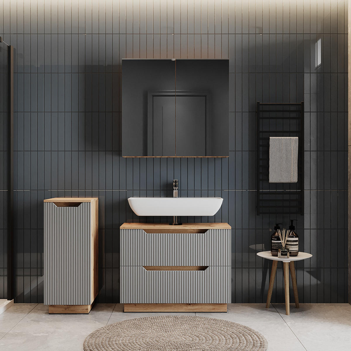 BADMÖBEL-SET Lotta Eiche/grau gestreift 3 Teile - Grau, Holzwerkstoff (79.6/62.5/32cm) - Vicco