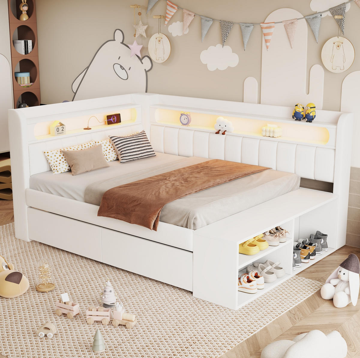 ČALOUNĚNÁ postel 90/200 cm bílá z MDF a překližky s LED osvětlením, USB a botníkem - bílá, kompozitní dřevo (90/200cm) - OKWISH