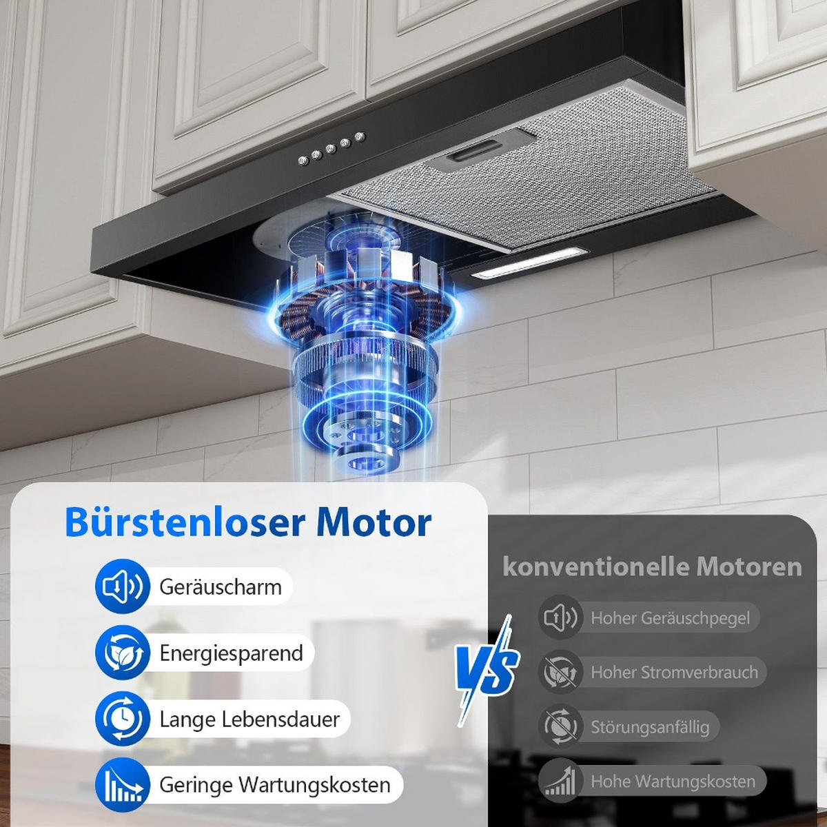 DUNSTABZUGSHAUBE Unterbau, ENERGIEEFFIZIENZKLASSE A+, 250 M³/h, Mit LED Beleuchtung, Edelstahl, Für Küchen, 60 Cm - Schwarz, Metall (14.02/49.02/64cm) - Rolipo