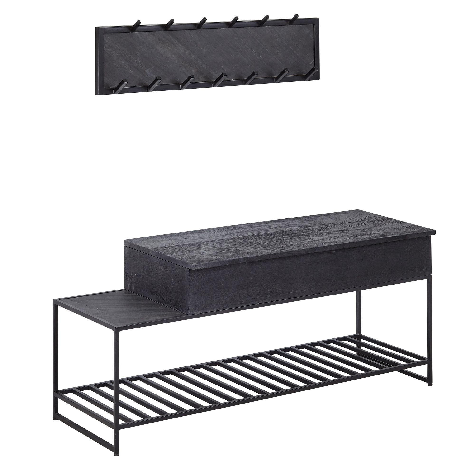 GARDEROBEN-SET Mango Massivholz mit Wandgarderobe, Sitzbank und Regal - Schwarz, Leder/Holz (110/70/37cm) - KADIMA DESIGN