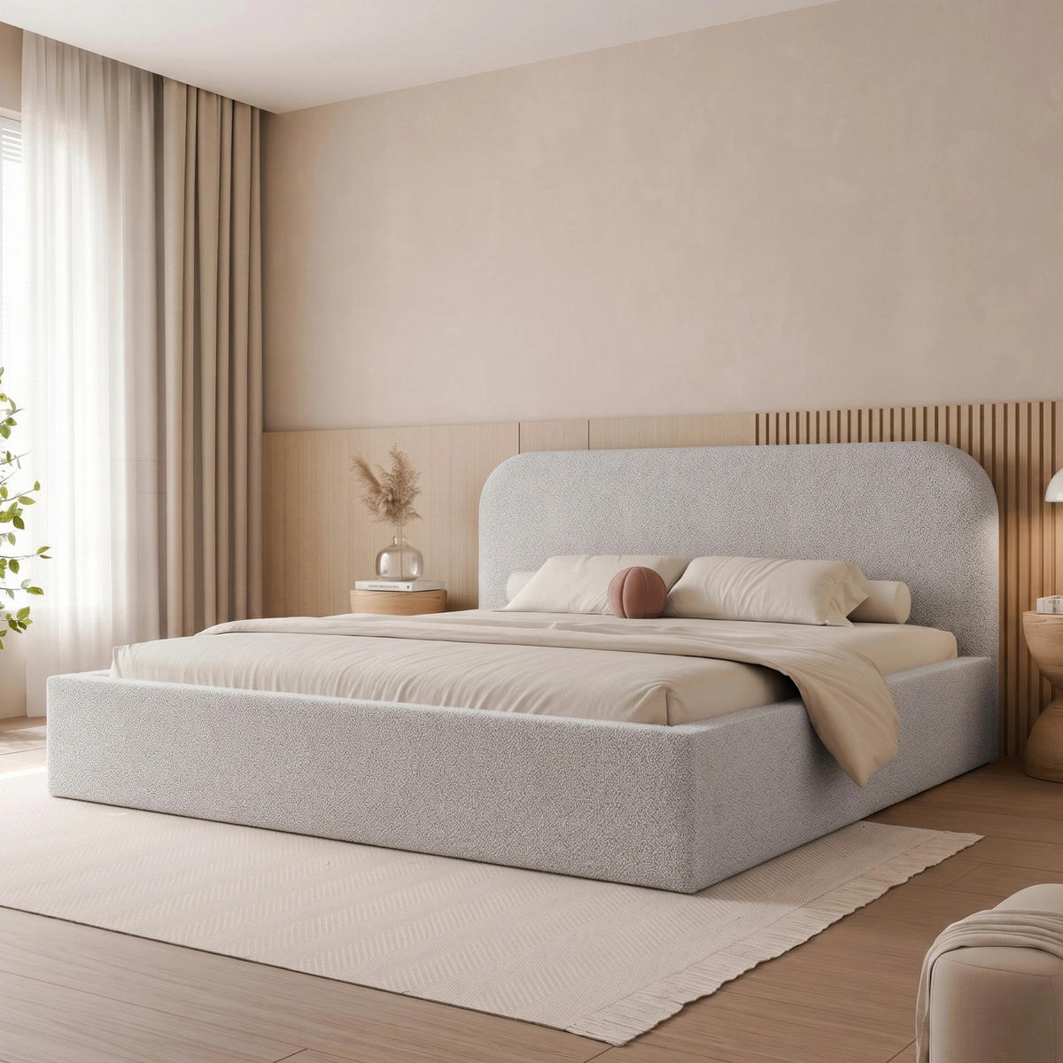 POLSTERBETT FUZZI 180x200 cm Grau Bouclé (Stoff Now or Never) - mit Bettkasten und Lattenrost - Grau, Holzwerkstoff/Textil (180/200cm) - Ravio