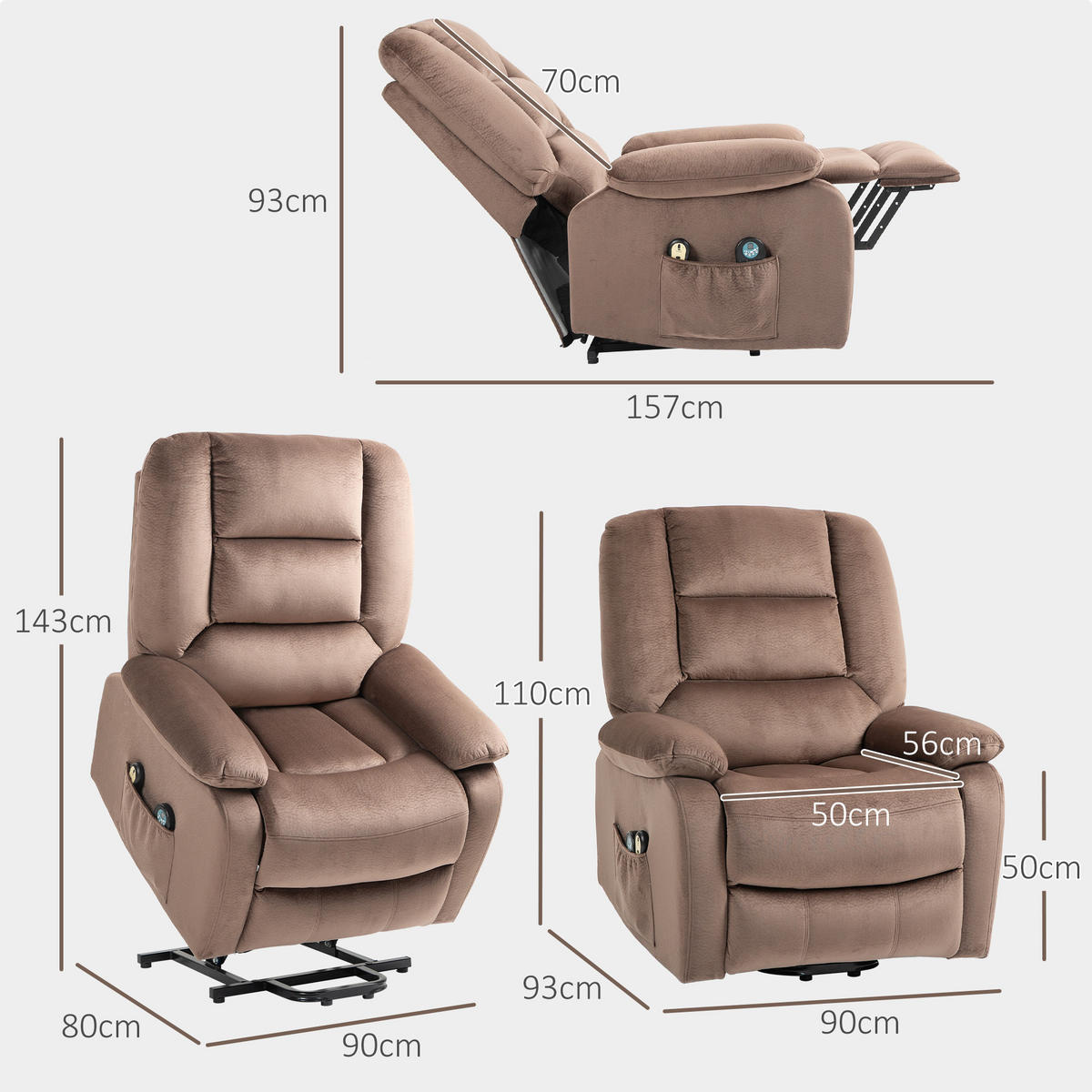 FERNSEHSESSEL mit Aufstehhilfe Elektrisch Relaxsessel mit Liege-/Massagefunktion - Schwarz/Braun, Textil/Metall (93/110/90cm) - HOMCOM