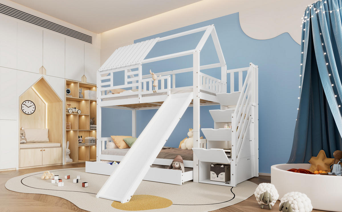 ETAGENBETT 90x200 cm Rutsche Treppe Schubladen - Weiß, Holz (90/200cm) - LEBENLANG