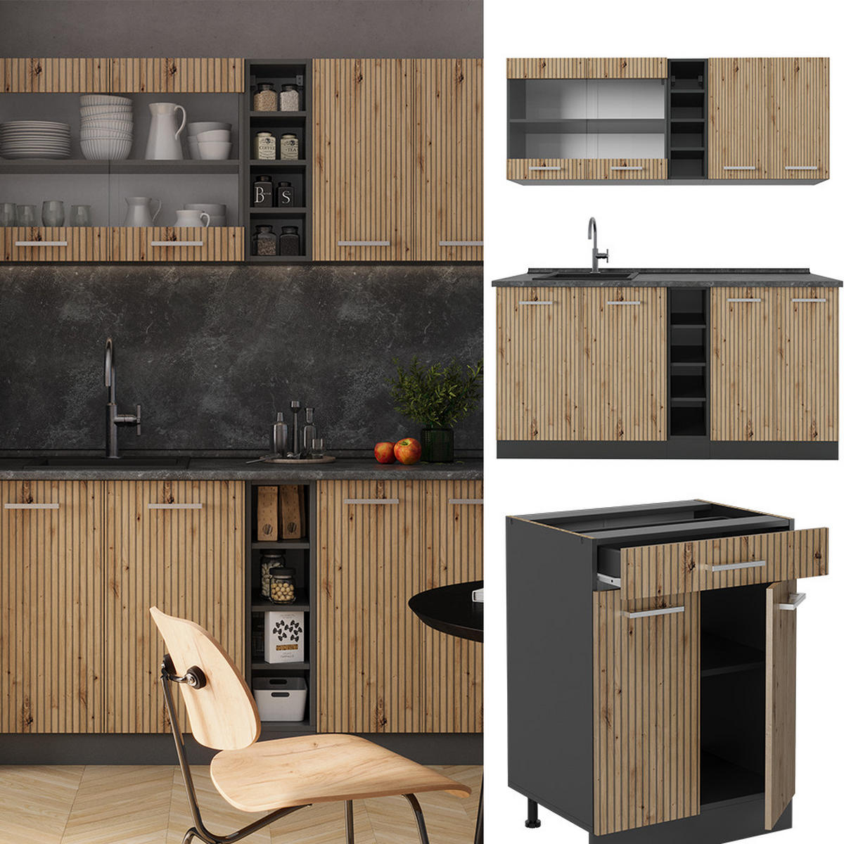 SINGLEKÜCHE R-Line Artisan Eiche/Anthrazit 160 cm, AP Marmor - Anthrazit/Eiche Artisan, Holzwerkstoff (160/81.6/60cm) - Vicco