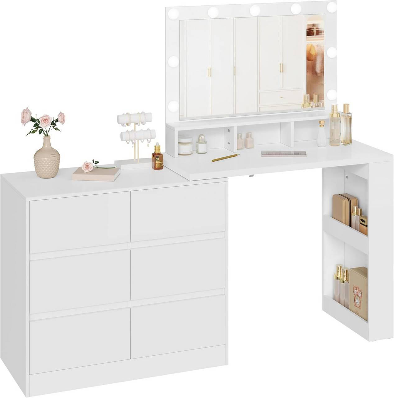 SCHMINKTISCH mit LED, Spiegel, Kommode, Weiß - Weiß, Glas/Holzwerkstoff (90/134.5/40cm) - Woltu