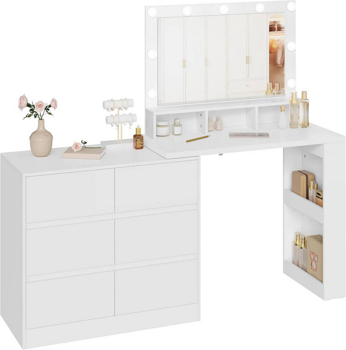 SCHMINKTISCH mit LED, Spiegel, Kommode, Weiß - Weiß, Glas/Holzwerkstoff (90/134.5/40cm) - Woltu