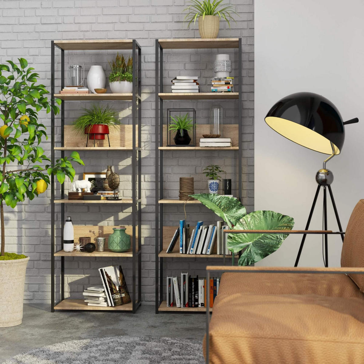 INDUSTRIEREGAL Schwarz, Sonoma Eiche 60x192x32 cm - Schwarz/Sonoma Eiche, Holzwerkstoff/Metall (60/192/32cm) - Akord