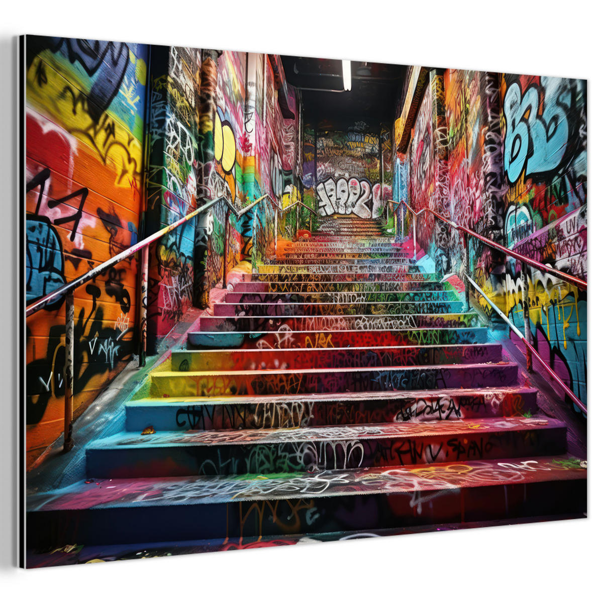 METALLBILD Treppe - Graffiti - Farben - Kunst 90x60 cm - Multicolor, Metall (90/60cm) - MuchoWow