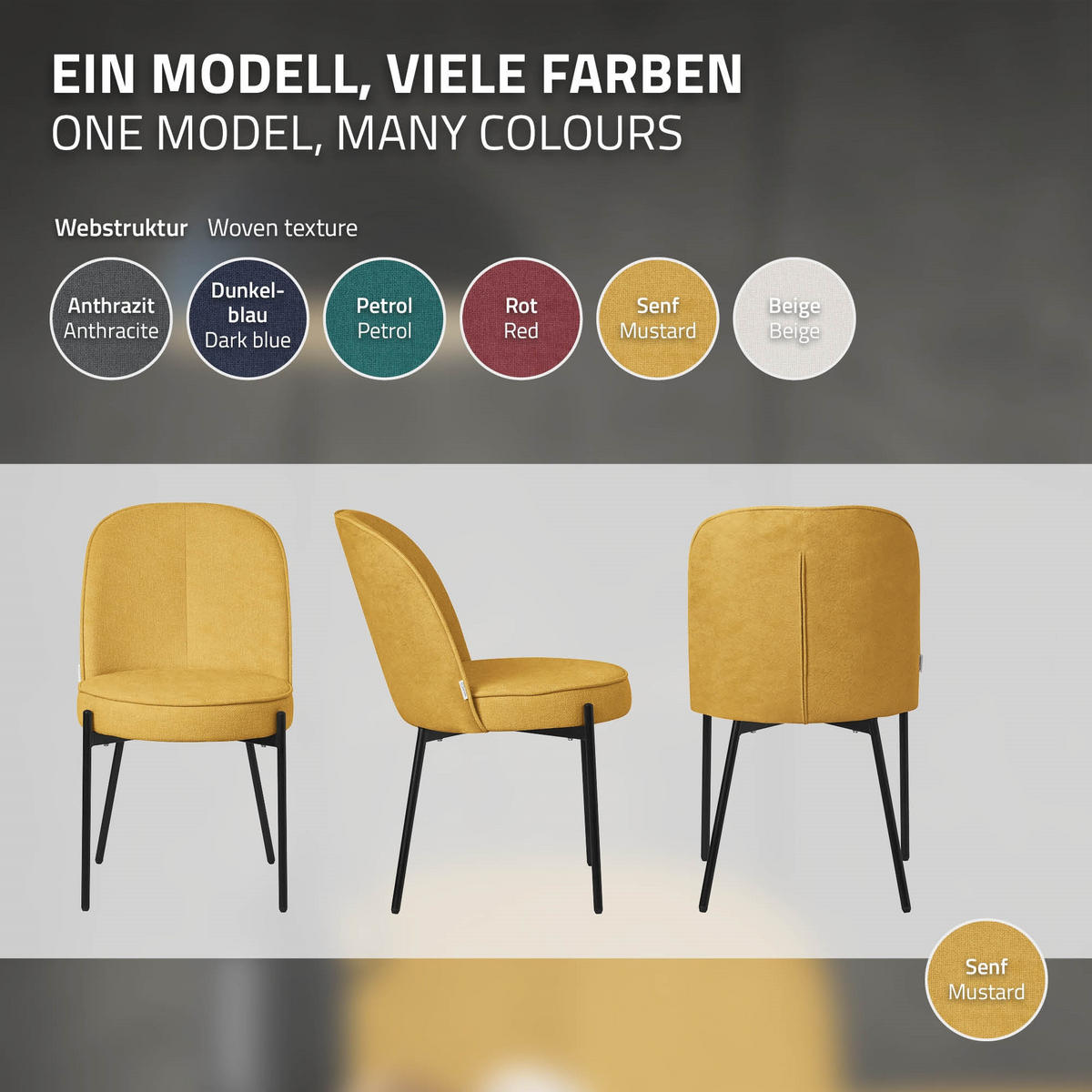 JÍDELNÍ ŽIDLE, sada 6 ks, hořčičná, s látkovým potahem - černá/žlutá, kov/textil (50/83/63cm) - ML-DESIGN