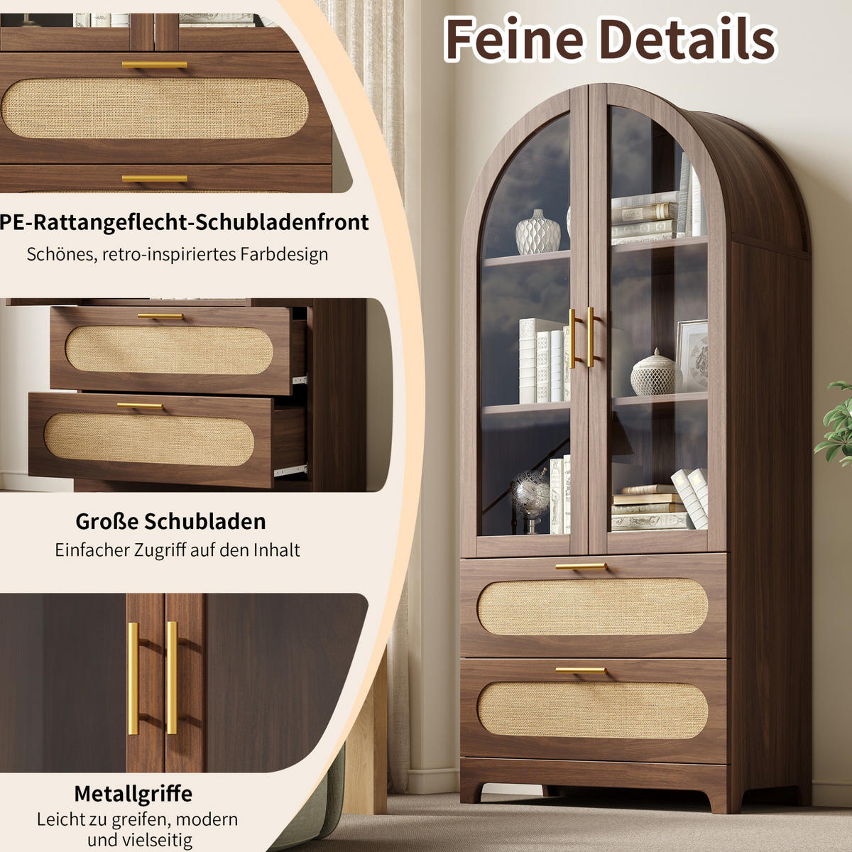 VITRINE mit Glastüren 80 x 40 x 175 cm Holzoptik 2 Schubladen - Braun, Holzwerkstoff (40/175/160cm) - Meubliv
