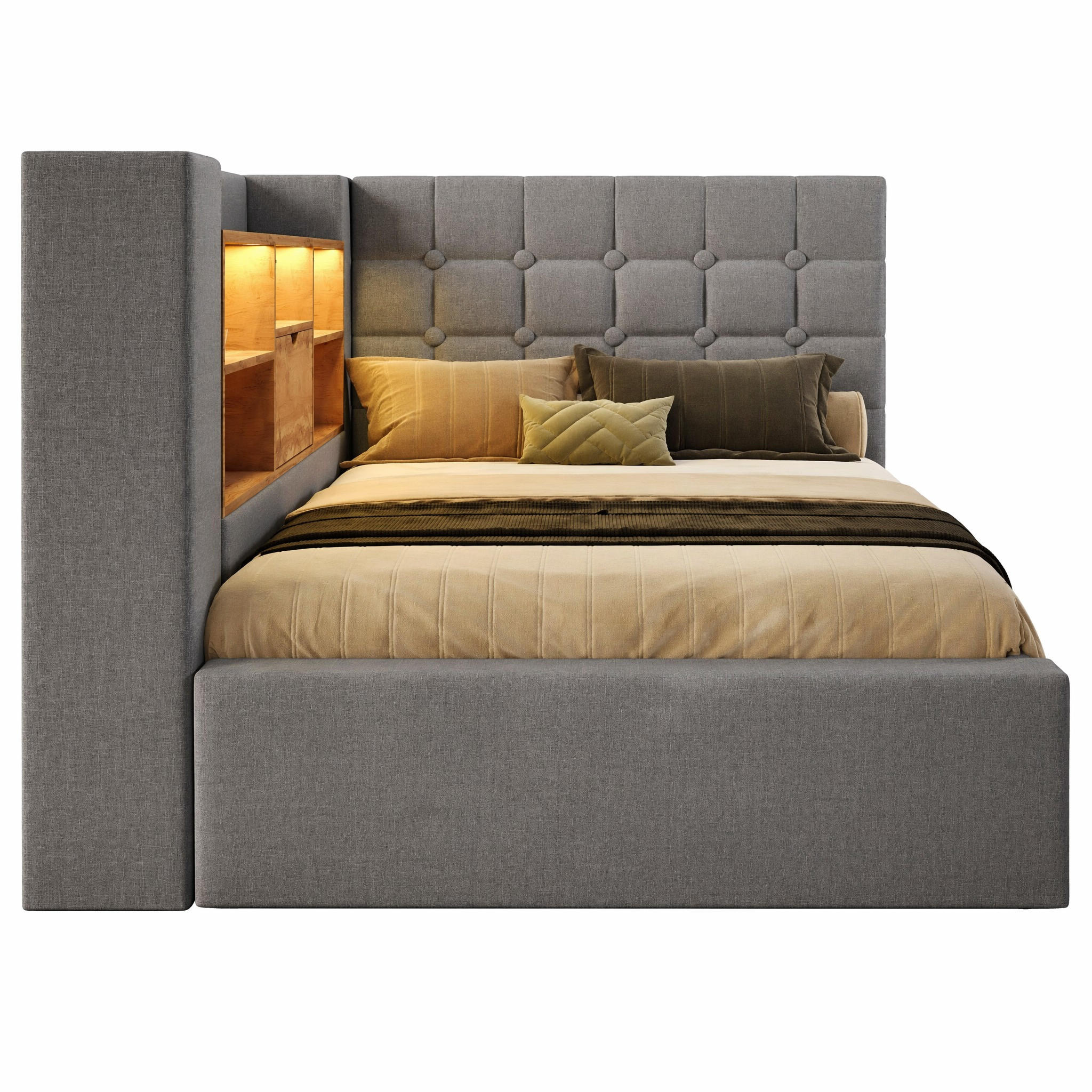 POLSTERBETT 90/200 cm in Grau Leinen mit Bettkasten, LED und USB - Grau, Holzwerkstoff/Textil (90/200cm) - STILVORA
