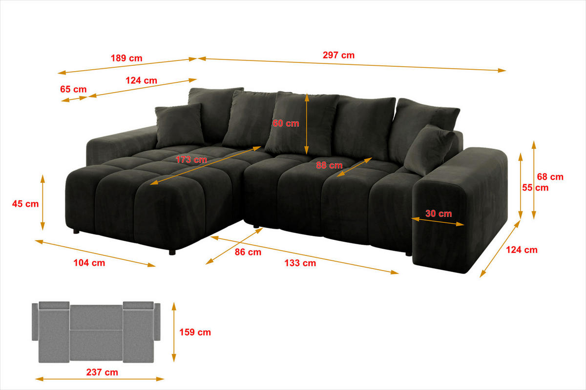 ECKSOFA Ottomane links ENIL-L 297x189x68 Schwarz Velours - Schwarz, Holzwerkstoff/Kunststoff (297/189cm) - ALTDECOR