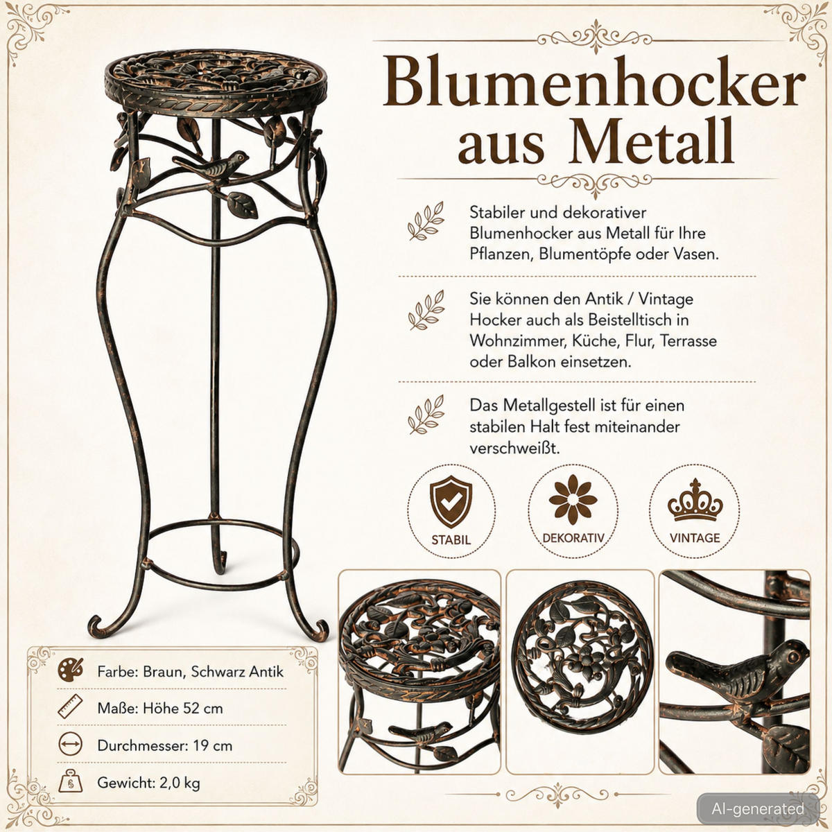 BLUMENHOCKER rund Metall Braun antik 19/19/52 cm - Braun, Metall (19/52/19cm) - DanDiBo