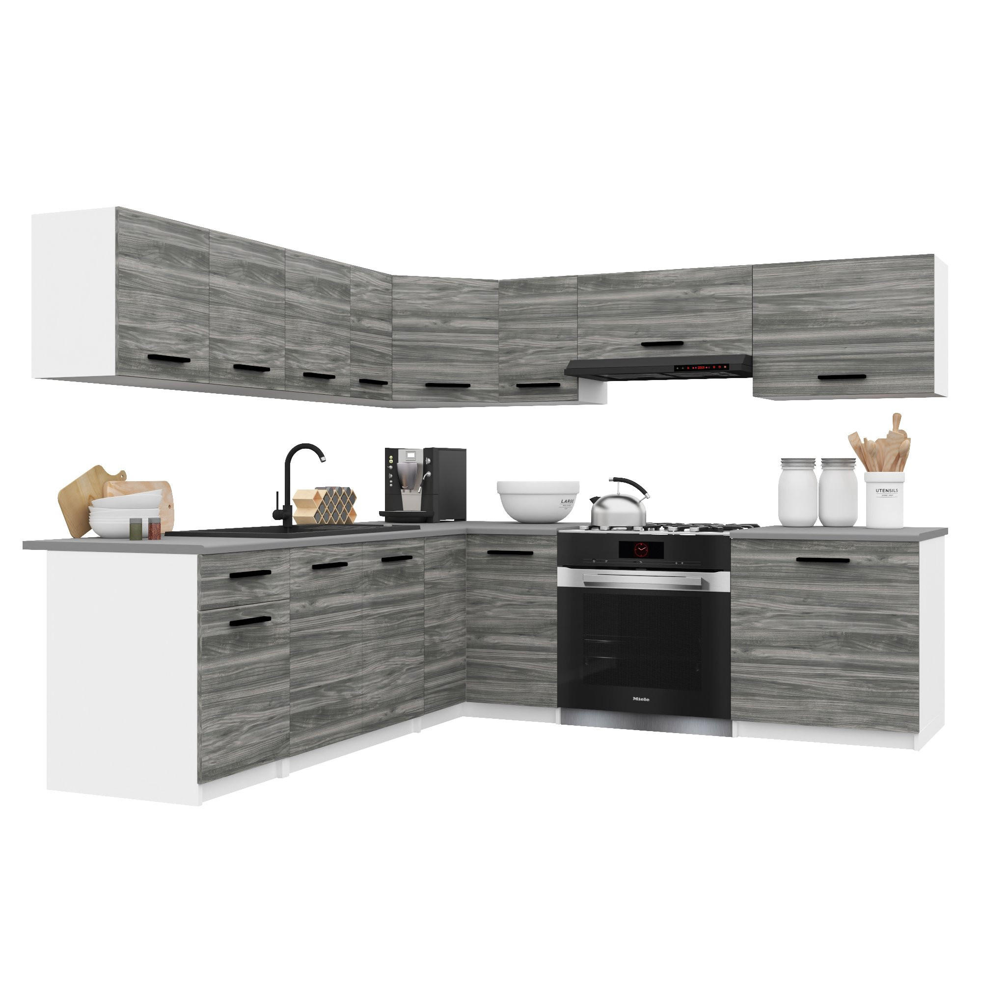 KÜCHENZEILE Italia 7 420 cm , mit Arbeitsplatten, Grau Glamour - Hellgrau, Holz (420/143/60cm) - B BELINI GROUP