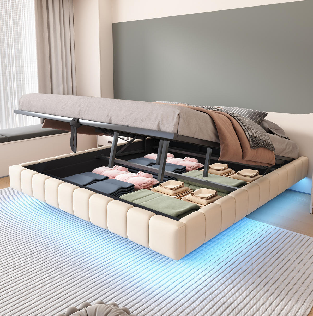 POLSTERBETT mit Stauraum 180x200 cm Beige mit LED - Beige, Metall (180/200cm) - Meubliv