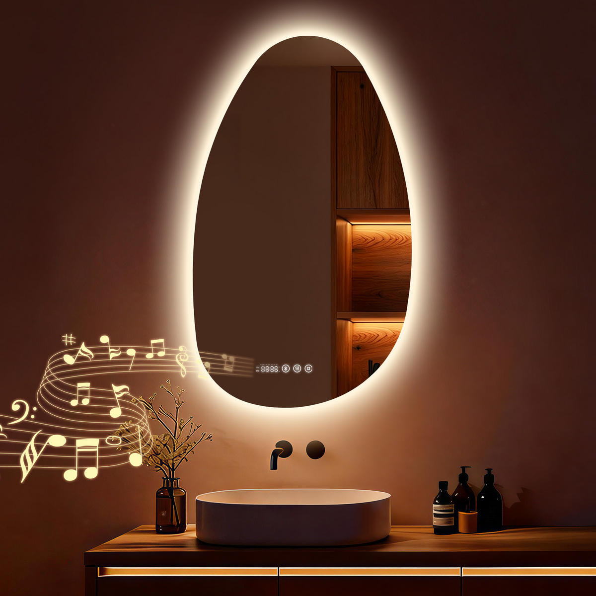 BADSPIEGEL MIT BELEUCHTUNG 85/50 cm asymmetrisch Bluetooth LED mit Antibeschlag - Transparent, Glas (85/50/3cm) - S'AFIELINA