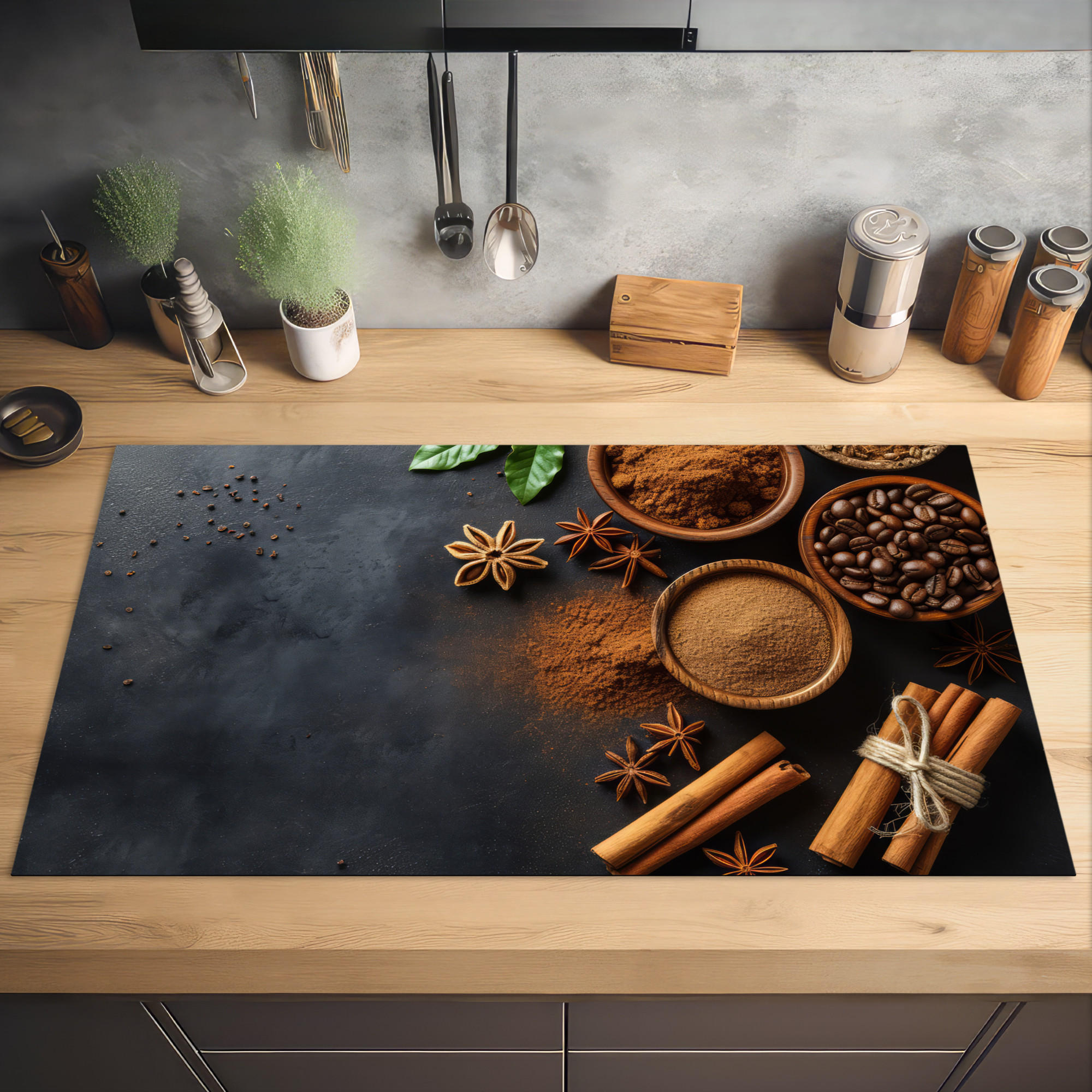 HERDABDECKPLATTE Zimt - Beton - Kaffee - Zimtstangen - Gewürze 91x52 cm - Mokka, Kunststoff (91.6/0.2/52.7cm) - MuchoWow
