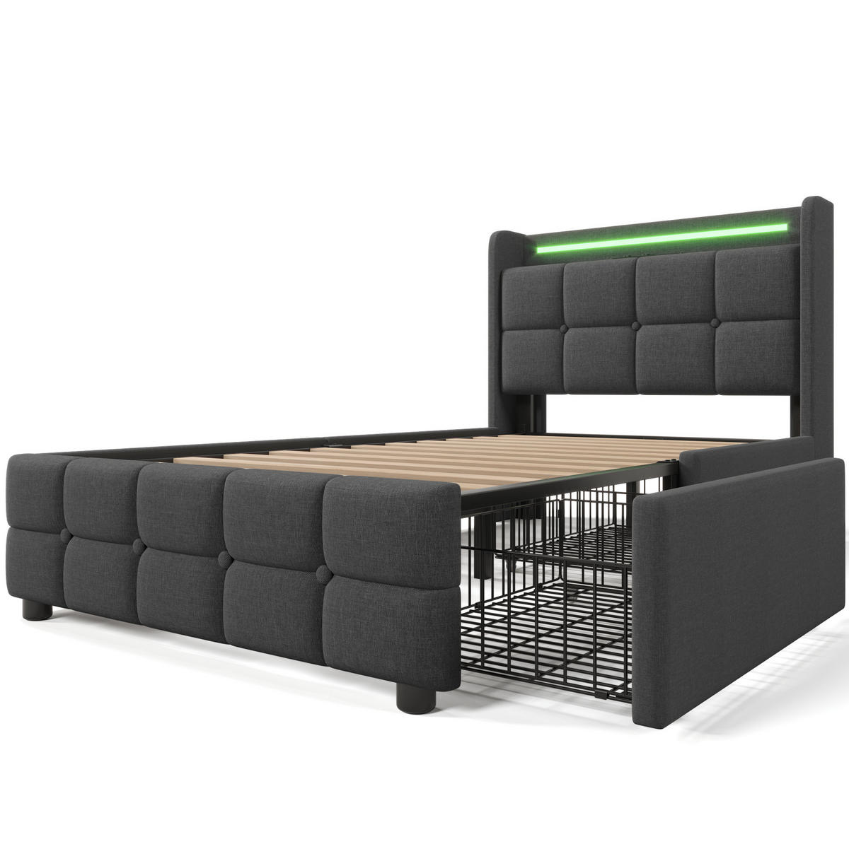 ČALÚNENÁ posteľ 90/200 cm s LED osvetlením, USB a zásuvkami, úložným priestorom a čalúneným čelom, Sivá - sivá, drevo (90/90cm) - Redom