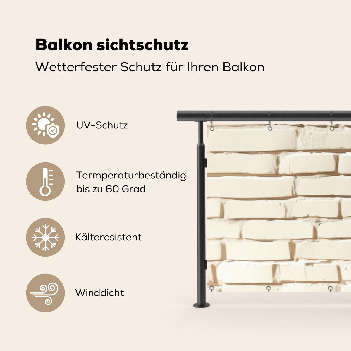 BALKON-SICHTSCHUTZ Ziegel - Wand - Licht - Weiß - Creme, Kunststoff (500/100cm) - MuchoWow
