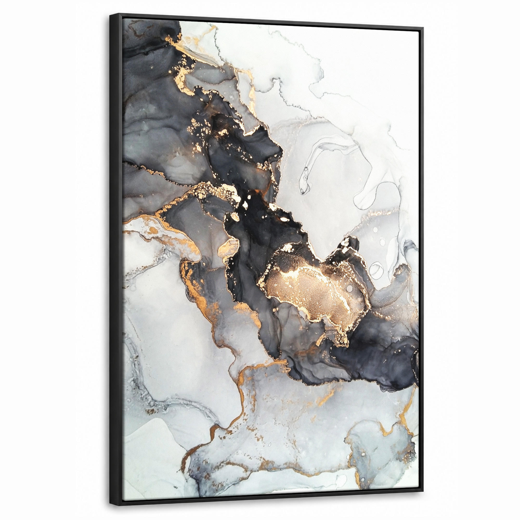 LEINWAND Bilder mit Rahmen - Marmor - Schwarz - Weiß - Gold - Luxus - Abstrakt - 60x90 - Goldfarben, Textil (60/90cm) - MuchoWow